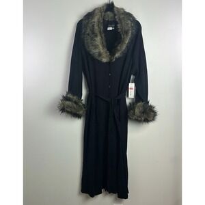 70s Inspo Penny Lane Duster Cardigan Womens 2X Black Faux Fur Collar Wool NWT